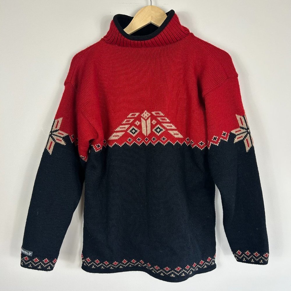 Devold Red Navy Fair Isle Half Zip Sweater Norwegian Size S - Picture 2 of 9